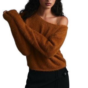 Anthropologie Pilcro Cropped Sweater - Tan Fuzzy Eyelash Off-Shoulder